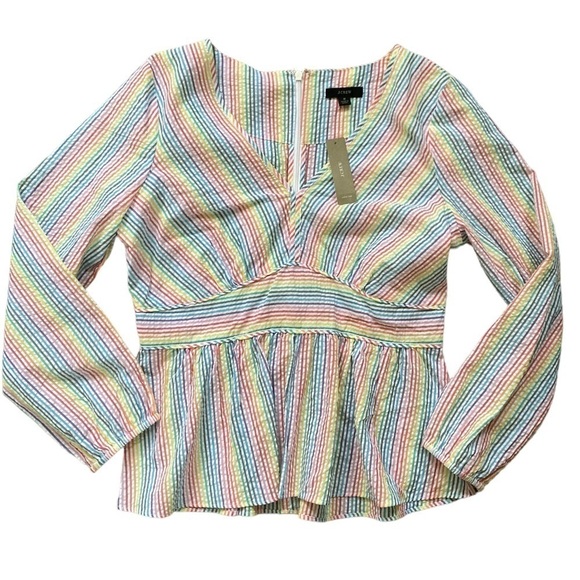 J. Crew Re-Imagined V Neck Rainbow Seersucker Peplum Top NWT 100% Cotton - Picture 1 of 11